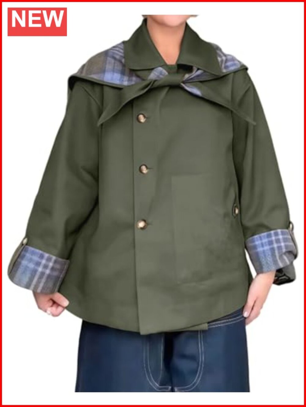 Women's Reversible Plaid Trench Coat Notch Collar Oversized Jacket with Pockets